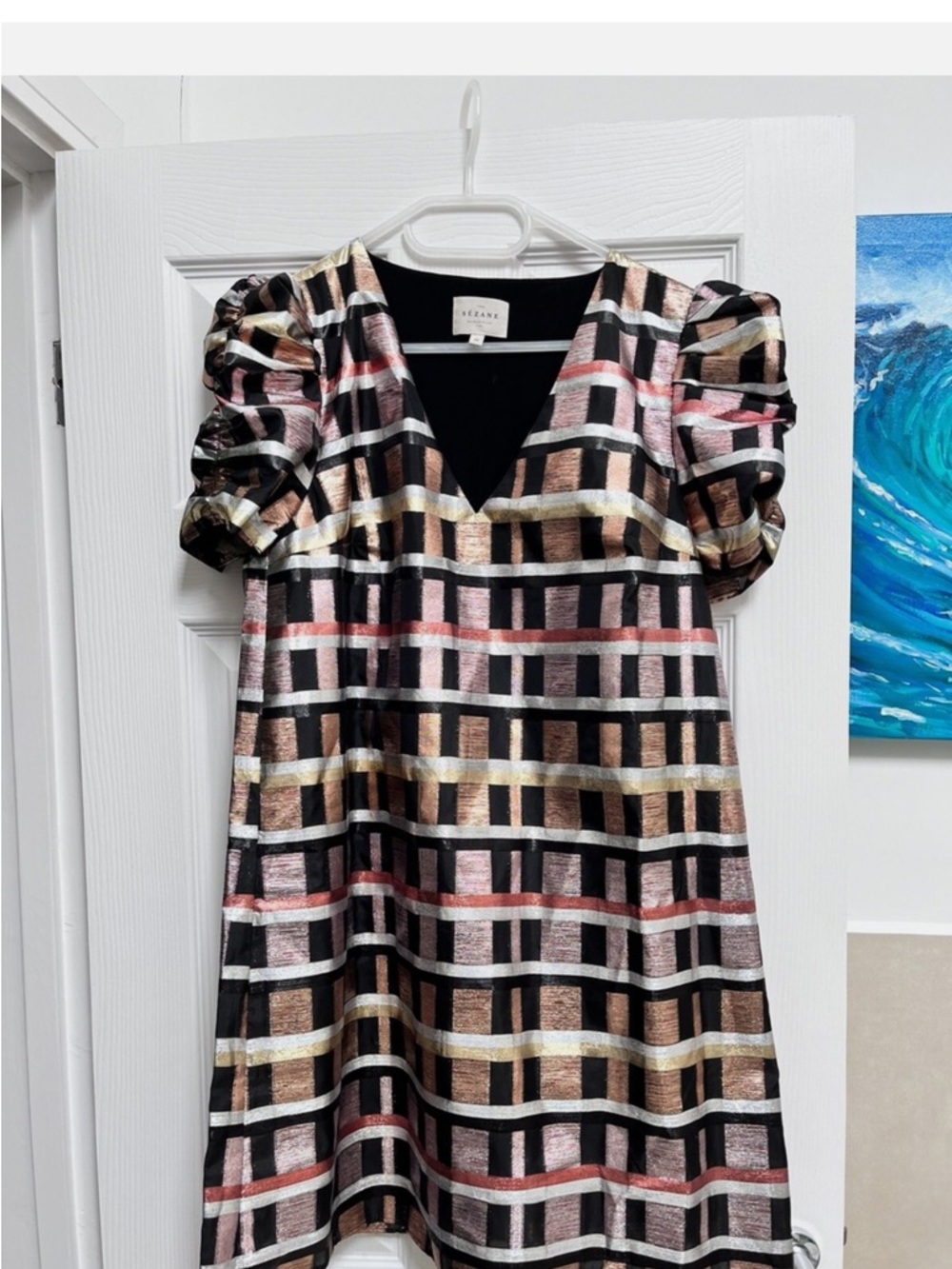 Sezane Sz 34 XS Metallic Grid V-Neck Puff Sleeve Dress in Multi-Color